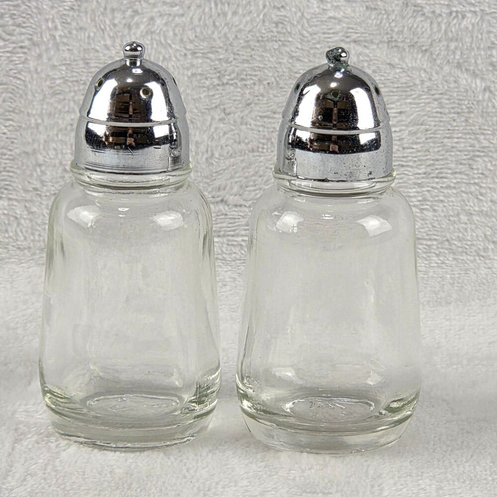 Vintage Salt & Pepper‎ Shaker Set. Hazel Atlas Glass w/Chrome Caps. Pre-owned